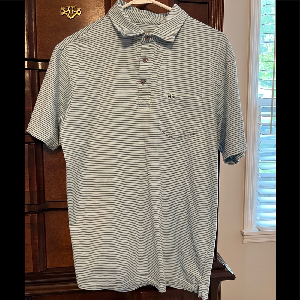Size Medium Fish Hippie Co blue/green striped polo. VGUC